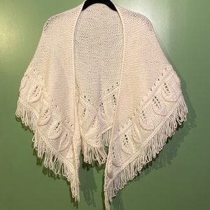 Handmade white shawl with fringe.